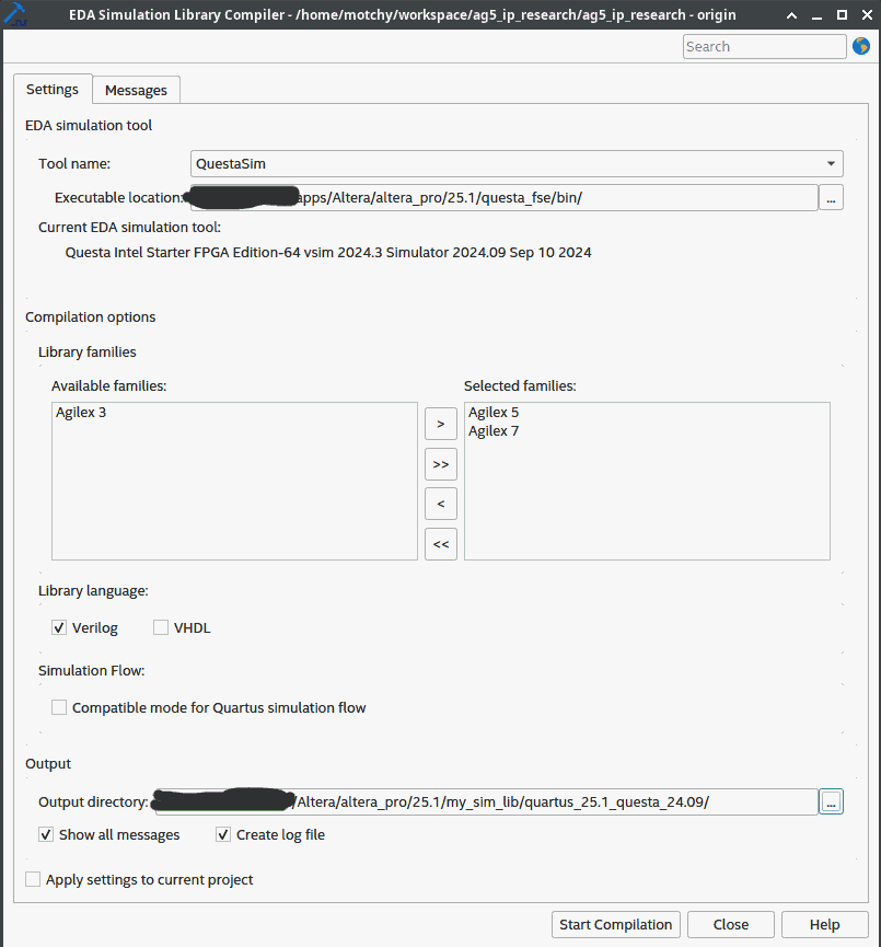 EDA Simulation Library Compier settings tab